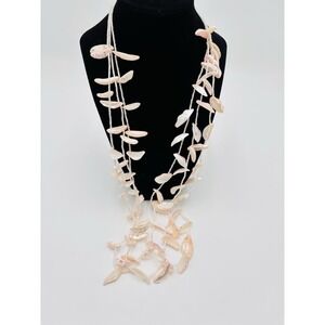 Multi Strand Mother of Pearl Necklace Pink Shell Beaded Long Boho Statement